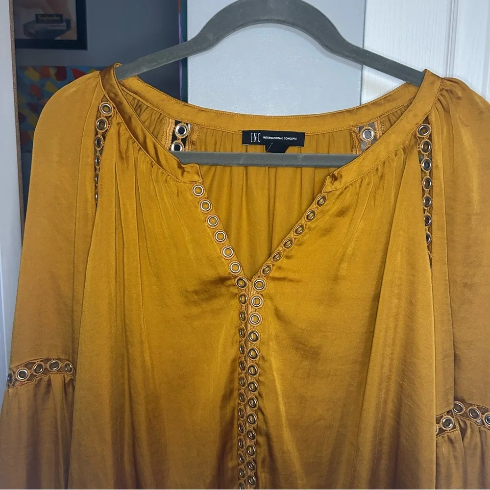 INC International Concepts Mustard Blouse with Lace Details - Picture 2 of 5